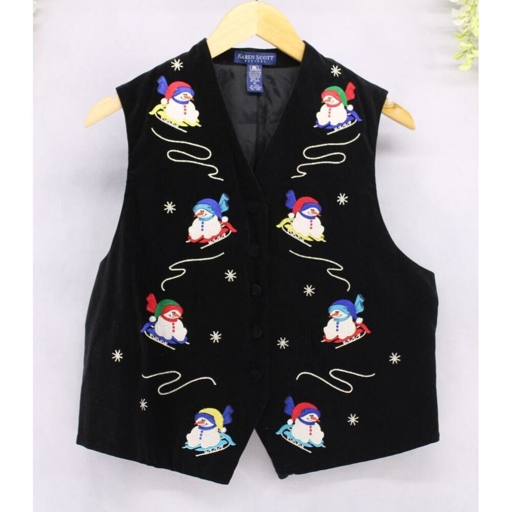 Vintage 90s Karen Scott L Petite Black Velvet Christmas Snowman Vest